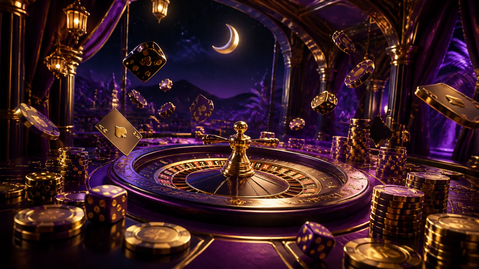 A cyberpunk-themed casino banner for Nightluck featuring vibrant neon poker chips and dice in a dark, stylish environment.